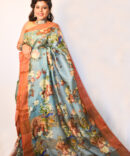 Light Blue and Orange Floral Tussar Saree