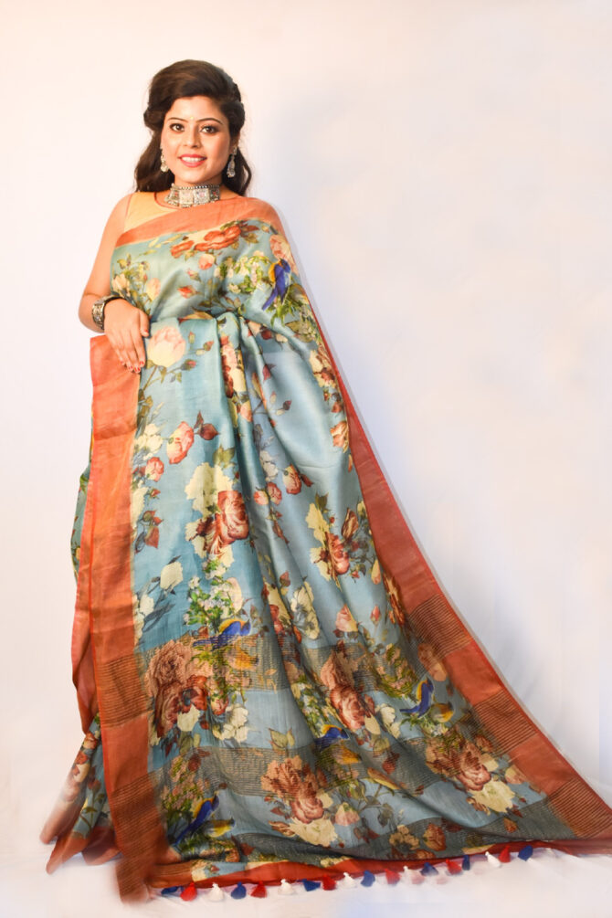 Powder Blue Floral Bird Print Tussar Silk Digital Print Saree