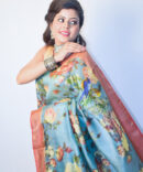 Powder Blue Floral Bird Print Tussar Silk Digital Print Saree