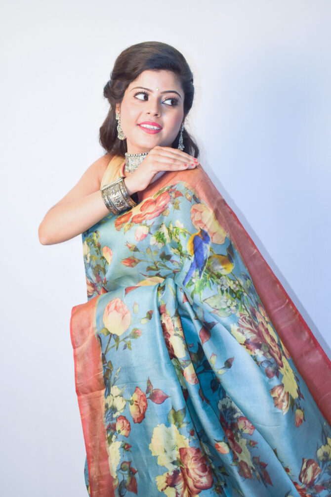 Powder Blue Floral Bird Print Tussar Silk Digital Print Saree