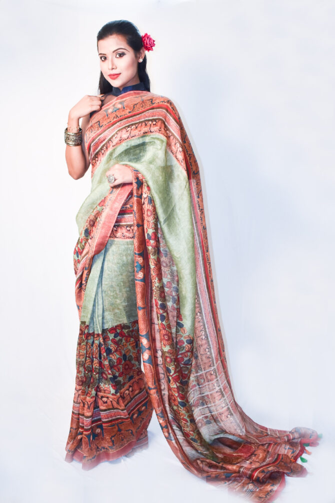 Swamp Green Floral Silk Linen Digital Print Saree