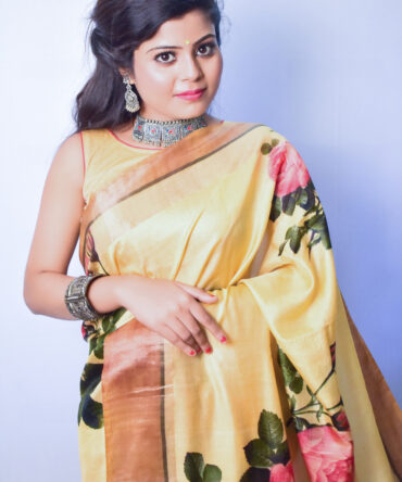 Beige Floral Tussar Silk Digital Print Saree