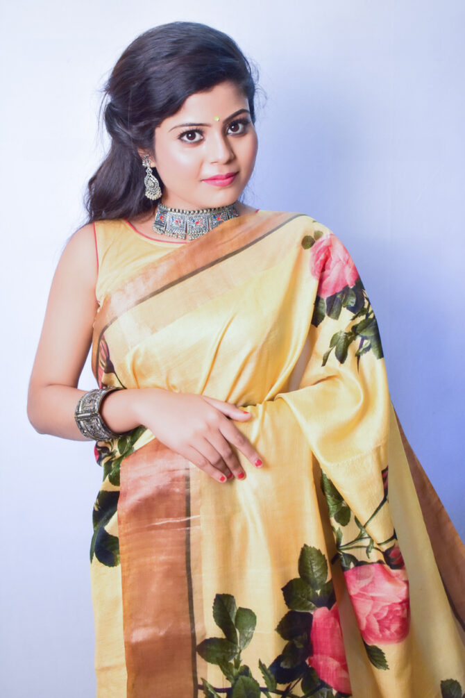 Beige Floral Tussar Silk Digital Print Saree