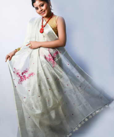 Solid Silver Pure Silk Linen Cutwork Saree