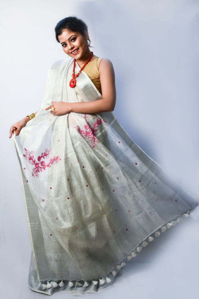 Solid Silver Pure Silk Linen Cutwork Saree