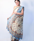 Solid Cream And Blue Digital Print Pure Linen Saree