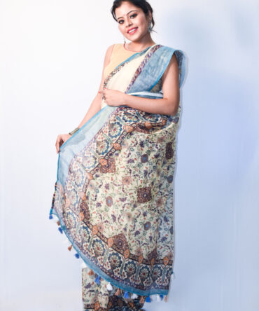 Solid Cream And Blue Digital Print Pure Linen Saree