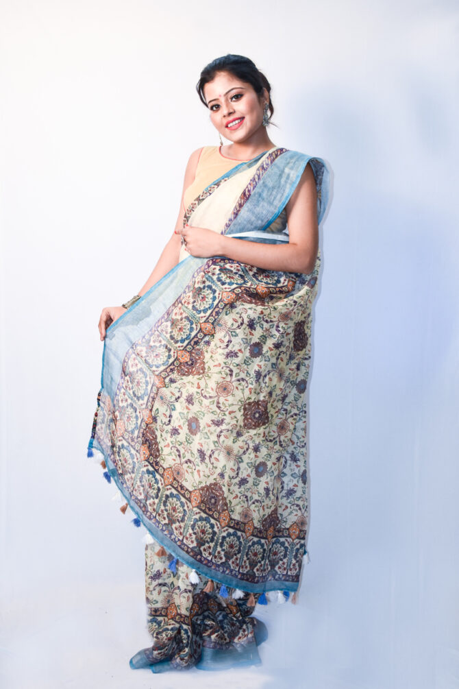 Off White Floral Linen Digital Print Saree