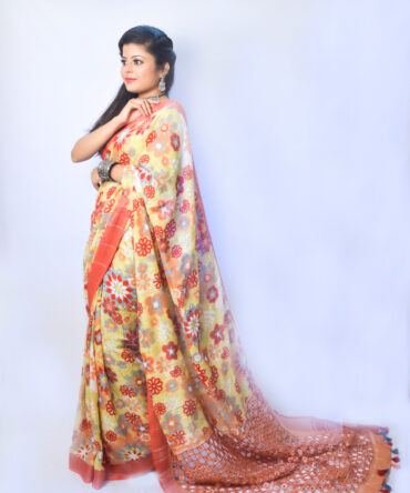 Light Green Orange Floral Pure Linen Saree