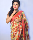 Light yellow Multicolour Floral Linen Digital Print Saree