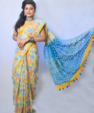 Yellow And Light Blue Pure Linen Saree