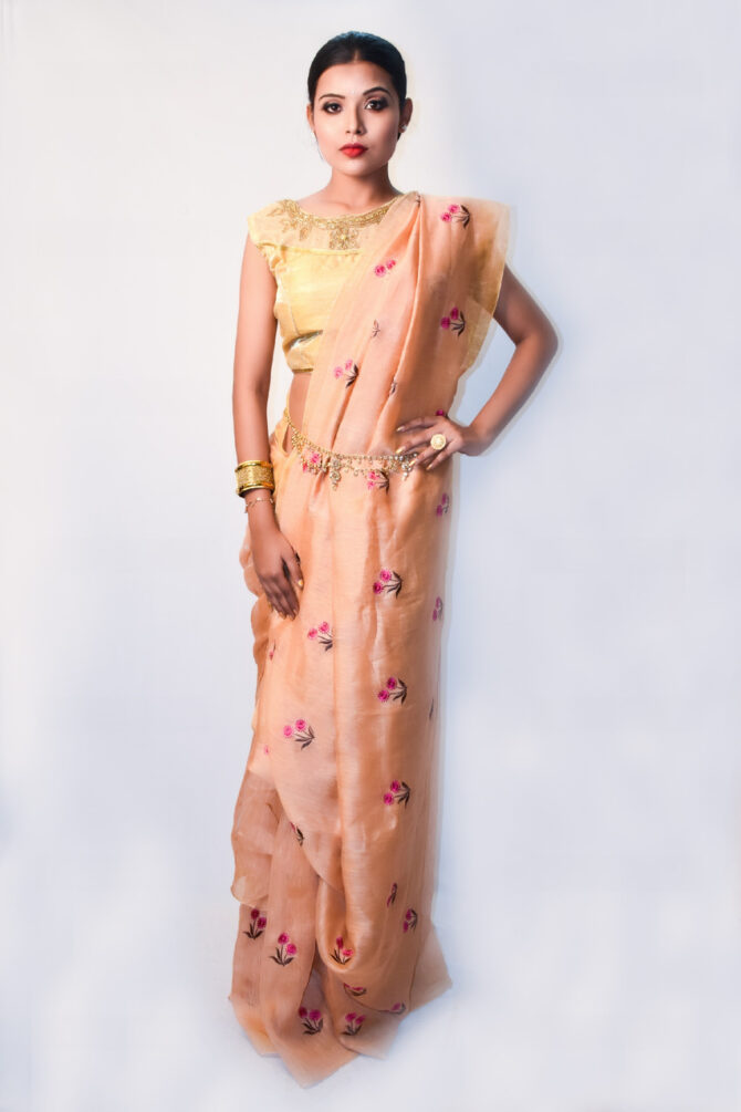 Peach Floral Embroidrey Silk Linen Saree