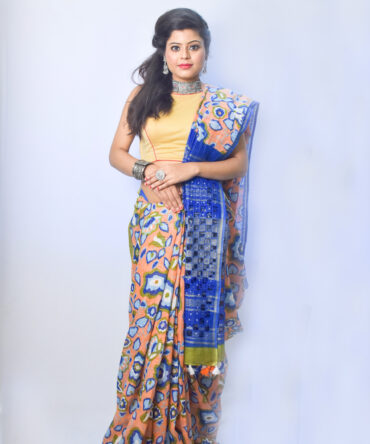 Orange and Dark Blue Floral Pure Linen Saree