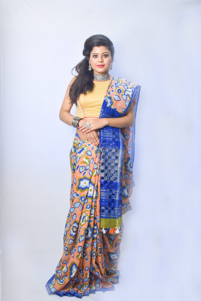 Orange and Dark Blue Floral Pure Linen Saree