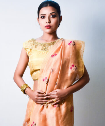 Peach Floral Embroidrey Silk Linen Saree