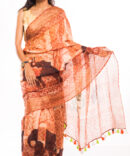 Orange Brown Linen Kalamkari Digital Printed Saree (with tassel)