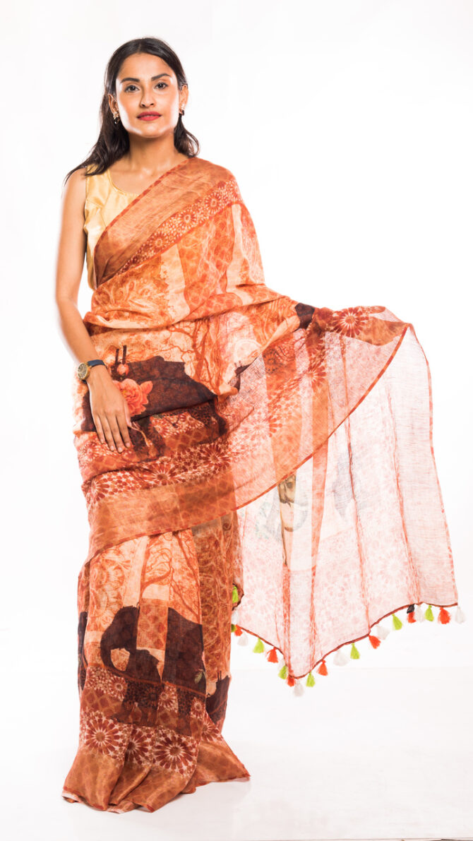 Orange Brown Linen Kalamkari Digital Printed Saree (with tassel)