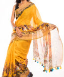 Yellow Linen Kalamkari Digital Printed Saree (with tassel)