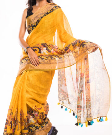 Yellow Linen Kalamkari Digital Printed Saree (with tassel)