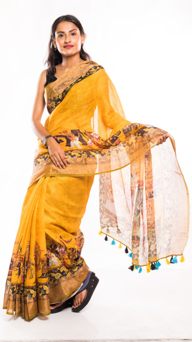 Yellow Linen Kalamkari Digital Printed Saree (with tassel)