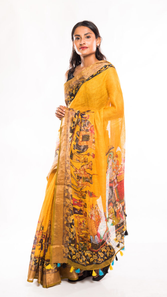 Yellow Linen Kalamkari Digital Printed Saree (with tassel)