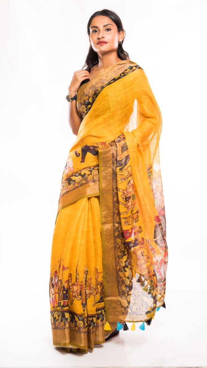 Yellow Linen Kalamkari Digital Printed Saree (with tassel)
