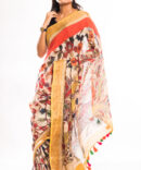Off-White Base Multicolor Linen Floral Digital Printed Saree (with tassel)