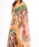 Off-White Base Multicolor Floral Kalamkari Linen Digital Printed Saree (with tassel)