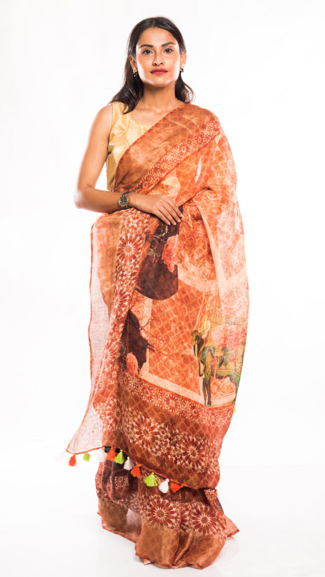 Orange Brown Linen Kalamkari Digital Printed Saree (with tassel)