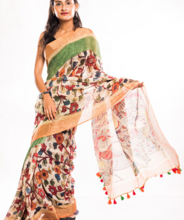Off White Linen Digital Floral Print Saree