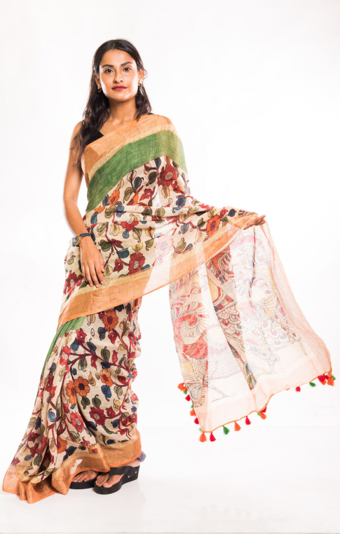 Off White Linen Digital Floral Print Saree
