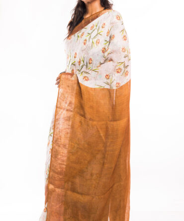 off-White Linen Digital Floral Print Saree