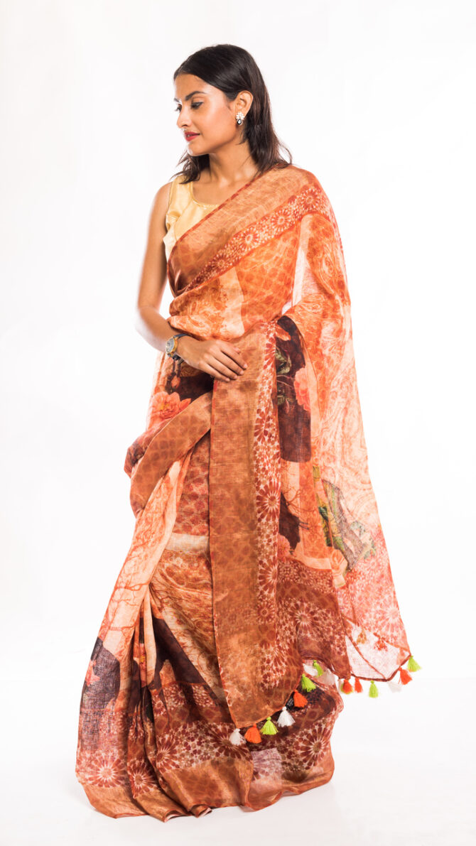 Orange Brown Linen Kalamkari Digital Printed Saree (with tassel)