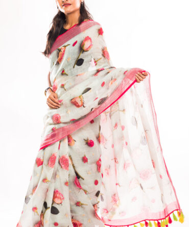 3D Off-White Base Pink Zari Boder Linen Floral Digital Printed Saree (with tassel)