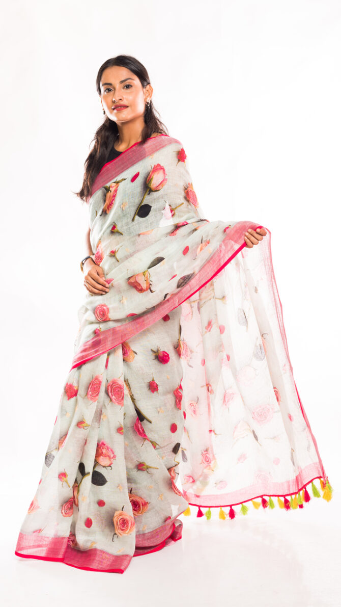 3D Off-White Base Pink Zari Boder Linen Floral Digital Printed Saree (with tassel)