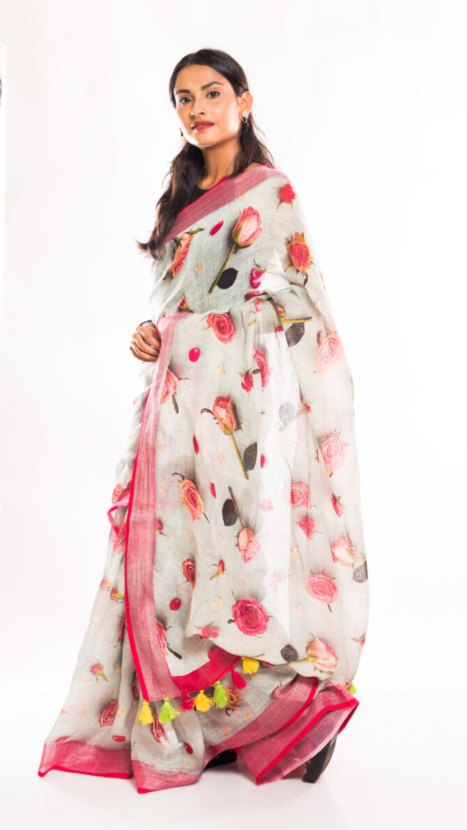 3D Off-White Base Pink Zari Boder Linen Floral Digital Printed Saree (with tassel)