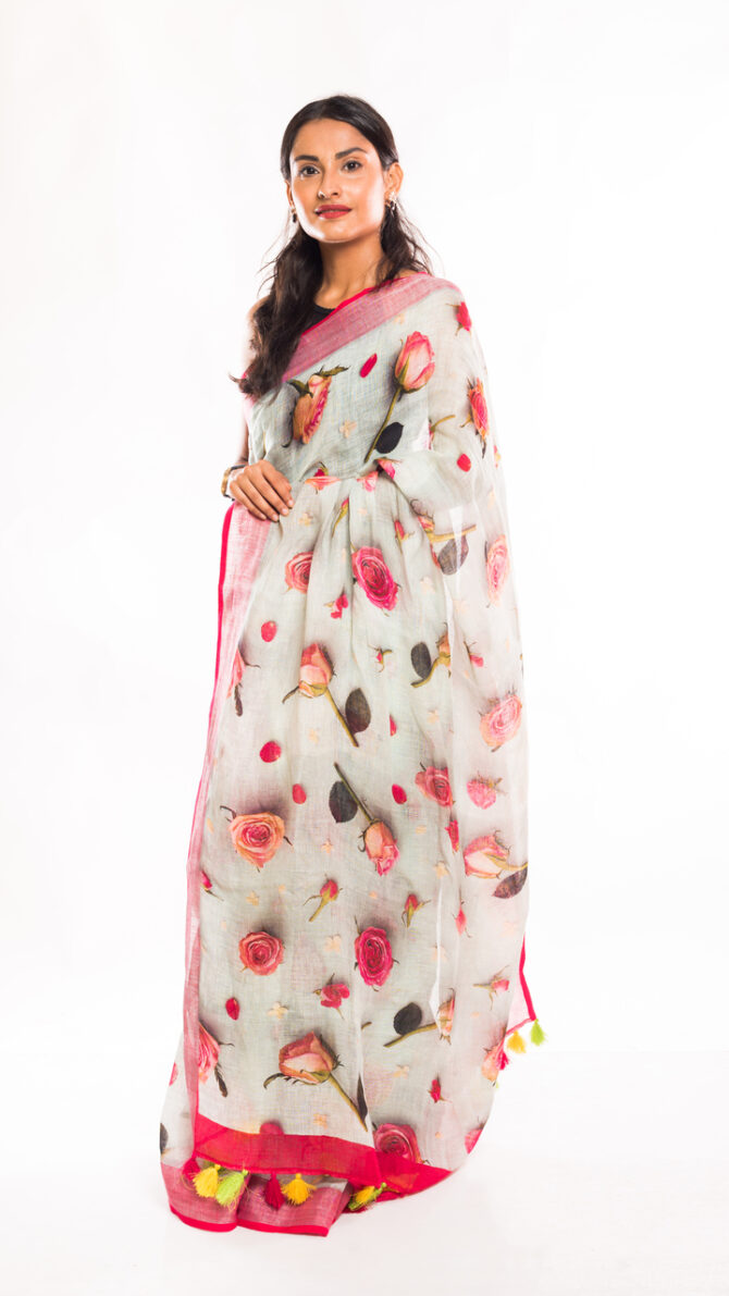 3D Off-White Base Pink Zari Boder Linen Floral Digital Printed Saree (with tassel)