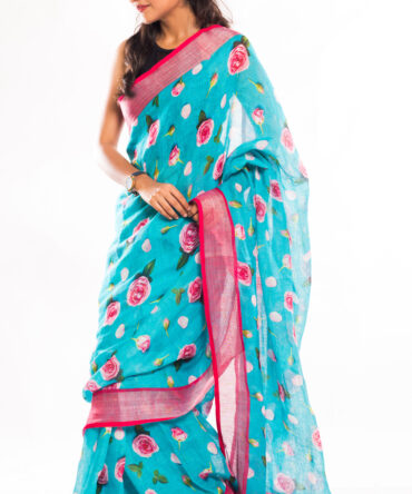 Sky Blue Linen Digital Floral Print Saree