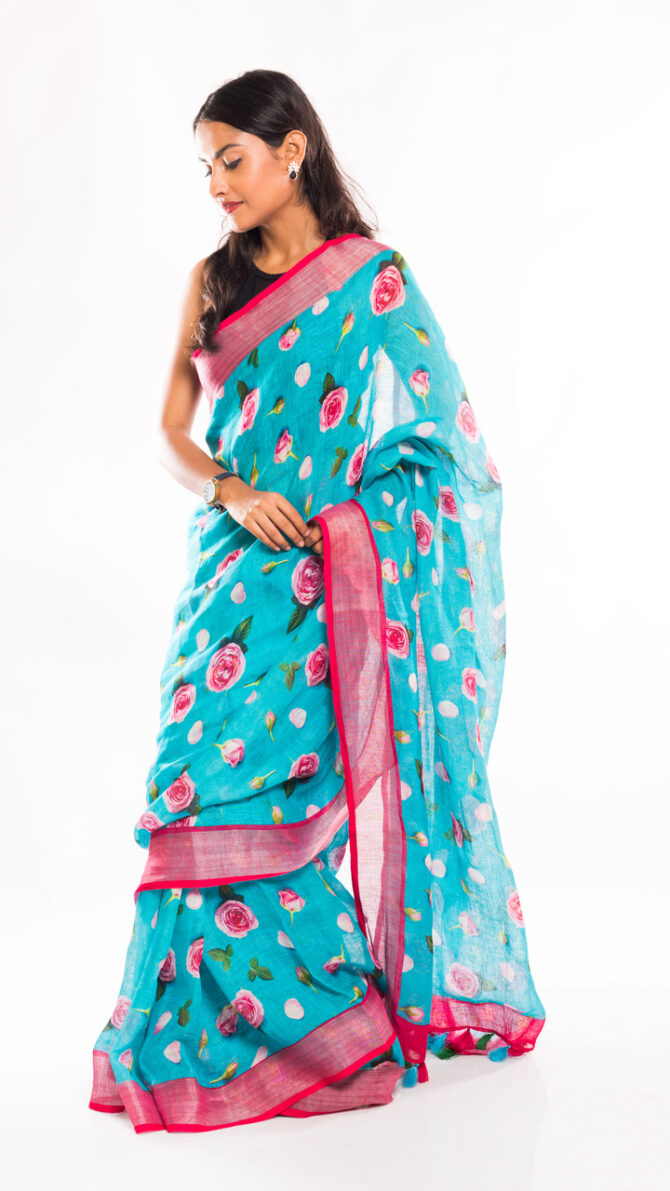Sky Blue Linen Digital Floral Print Saree