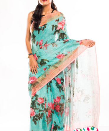 Turquoise Blue Linen Digital Floral Print Saree
