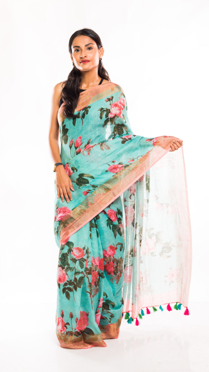 Turquoise Blue Linen Digital Floral Print Saree