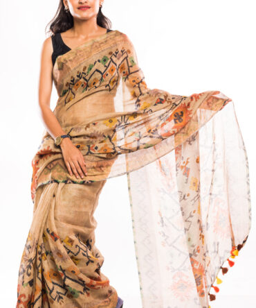 Tortilla Brown Geometric Digital Printed Saree (with tassel)