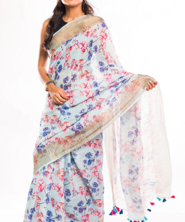Light Blue Base Gold Zari Border Floral Linen Digital Printed Saree (with tassel)