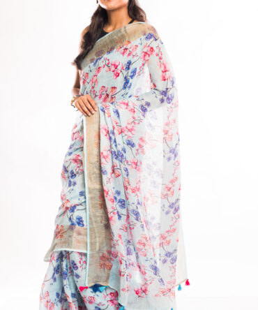 off-White Linen Digital Floral Print Saree