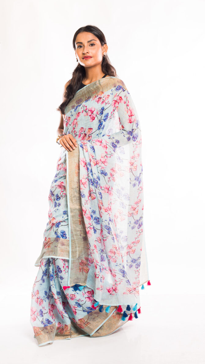 off-White Linen Digital Floral Print Saree