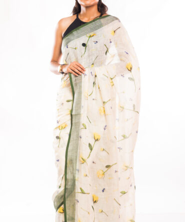 Ivory White Linen Digital Floral Print Saree