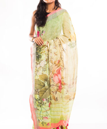 Mint Green Linen Digital Floral Print Saree