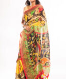 Yellow Multicolor Linen Kalamkari Digital Printed Saree (with tassel)