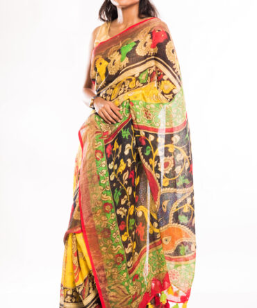 Yellow Multicolor Linen Kalamkari Digital Printed Saree (with tassel)