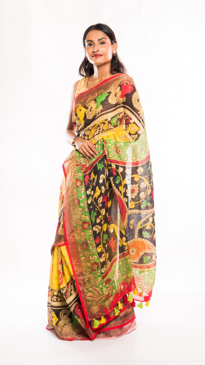 Yellow Multicolor Linen Kalamkari Digital Printed Saree (with tassel)